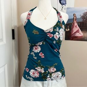 Floral Teal Halter Tank Top
